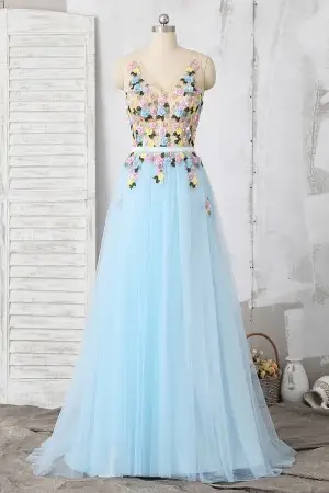 polychrome 3d flowers baby blue fairy formal dress