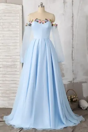 3D flowers sweetheart off the shoulder sky blue dress