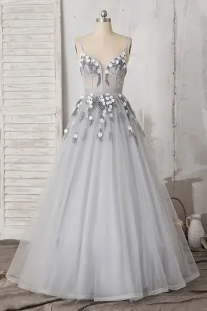 silver gray pearls flowers glitter tulle formal dress
