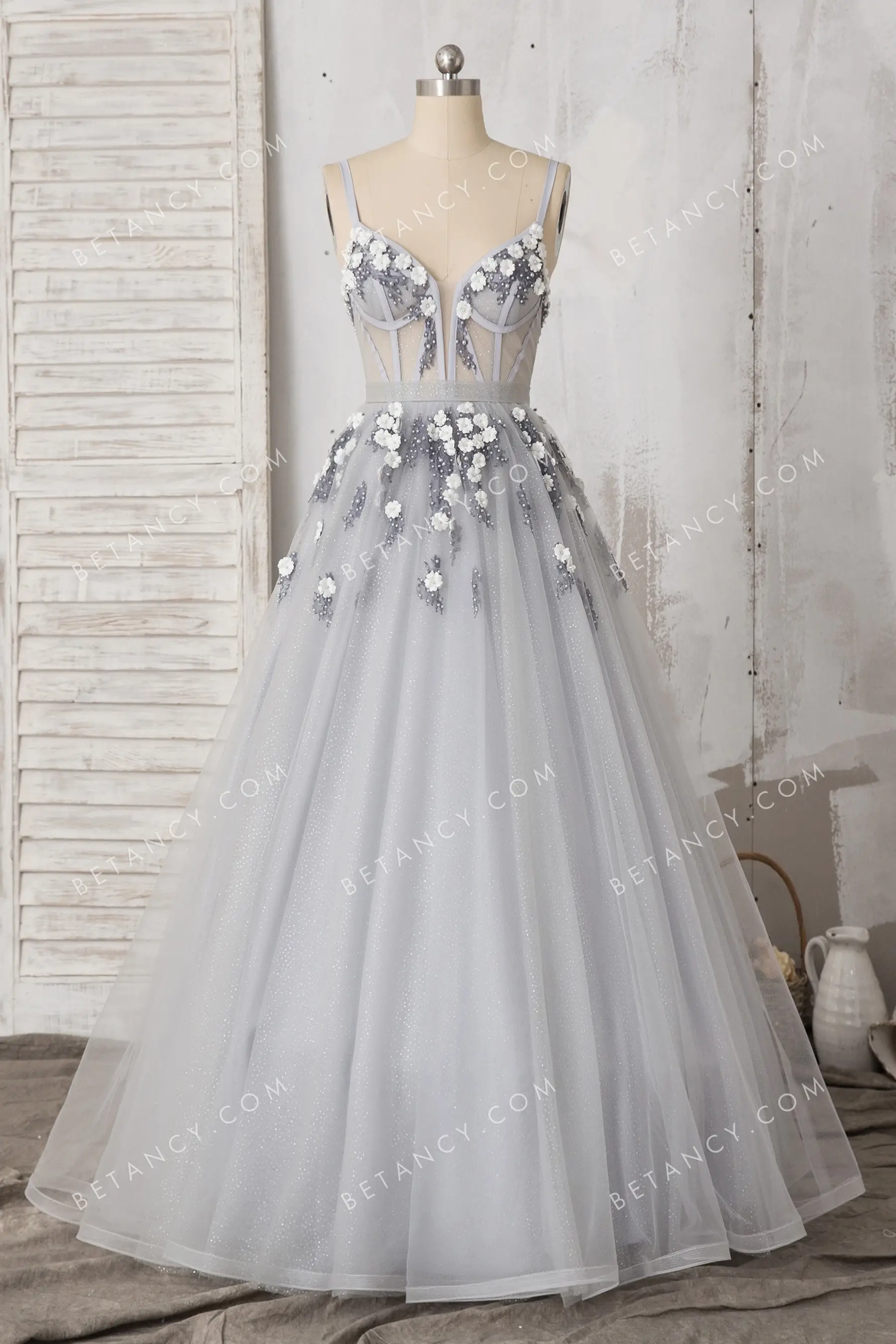 Silver Gray Pearls Flowers Glitter Tulle Formal Dress BETANCY