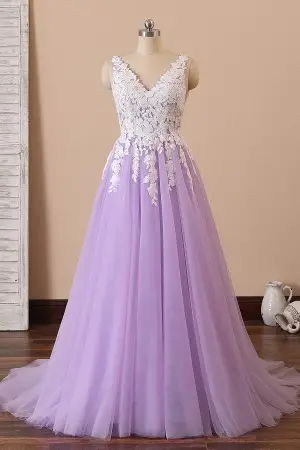 white lace appliqued lilac tulle V neck formal gown