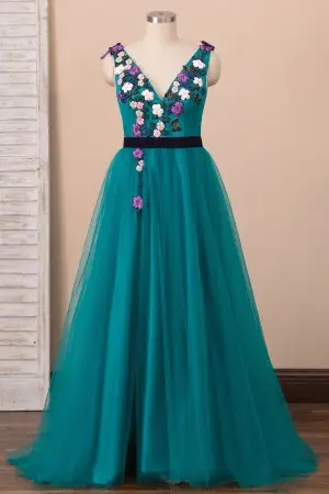 3d flowers butterflies embellished teal formal dress
