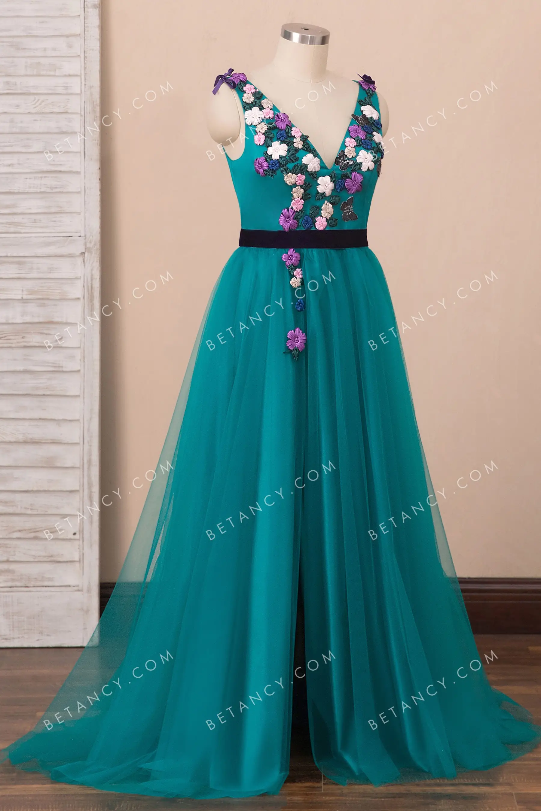 3D Flowers Butterflies Embellished Teal Formal Dress - BETANCY