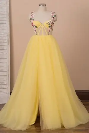 fairy peach blossom straps yellow tulle formal gown