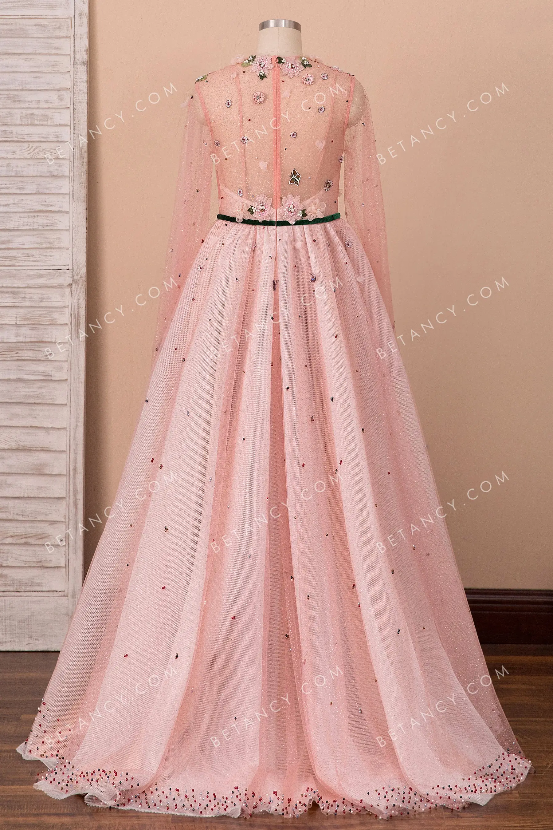 delicate 3d flowers butterflies and colored pearls adorned pink fairy formal dress