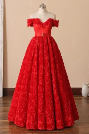 charming 3d rosette flowers off the shoulder prom gown