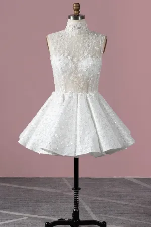 chic sequin lace high neck short puffy bridal dress