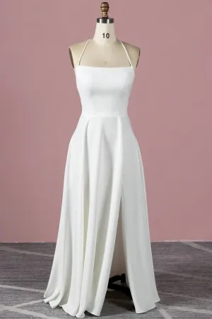 spaghetti strap simple satin slit a line bridal dress