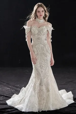 stunning beaded off the shoulder mermaid wedding dress