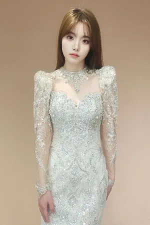luxury bead and crystal high neck bridal dress