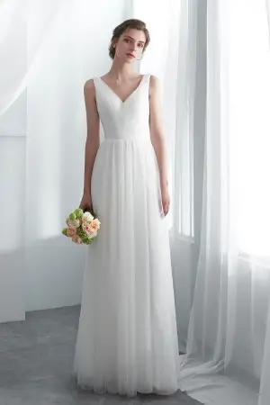 pleated V neck soft ivory tulle A line wedding gown