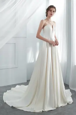 ivory satin V cut strapless modern wholesale bridal gown