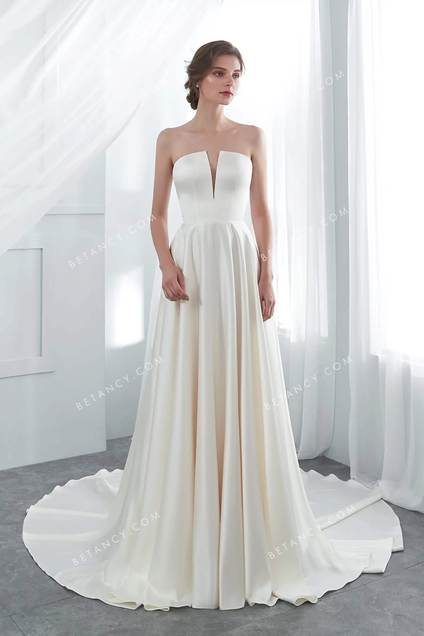 Satin Strapless Wedding Gown, Minimalist Wedding Dress, Ivory