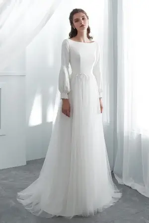 bubble long sleeve open back wholesale wedding gown