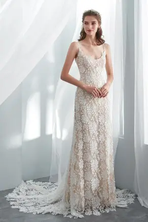 champagne long bohemian lace designer wedding gown