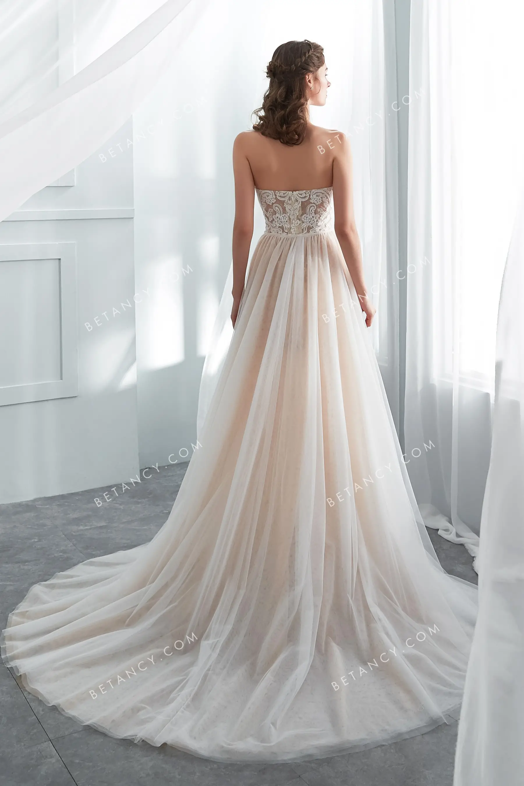 Champagne Wedding Gown with Detachable Overskirt - BETANCY