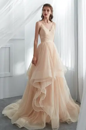 shimmering champagne ruffled tulle wedding gown