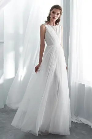 pleated tulle with beaded lace A line wedding dress