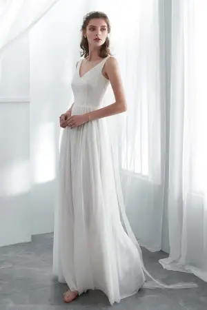 Simple V neck lace and net A line lithe wedding dress