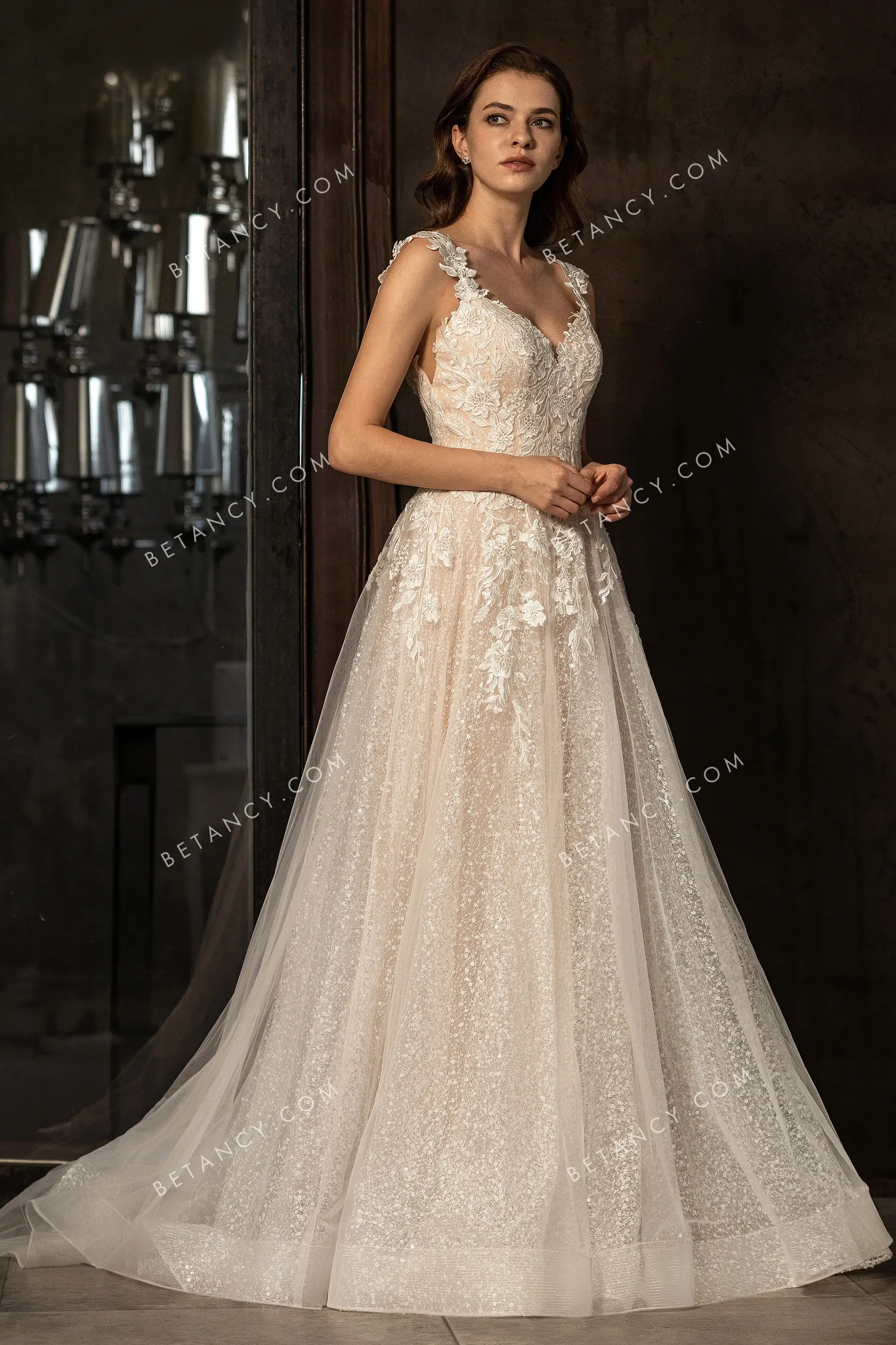 Cream White Sequins Lace Pearl Pink Wedding Gown BETANCY