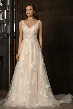 Sophisticated lace appliqued champagne bridal gown