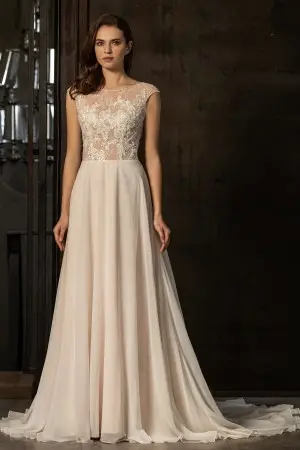 beaded illusion nude lace and chiffon wedding dress