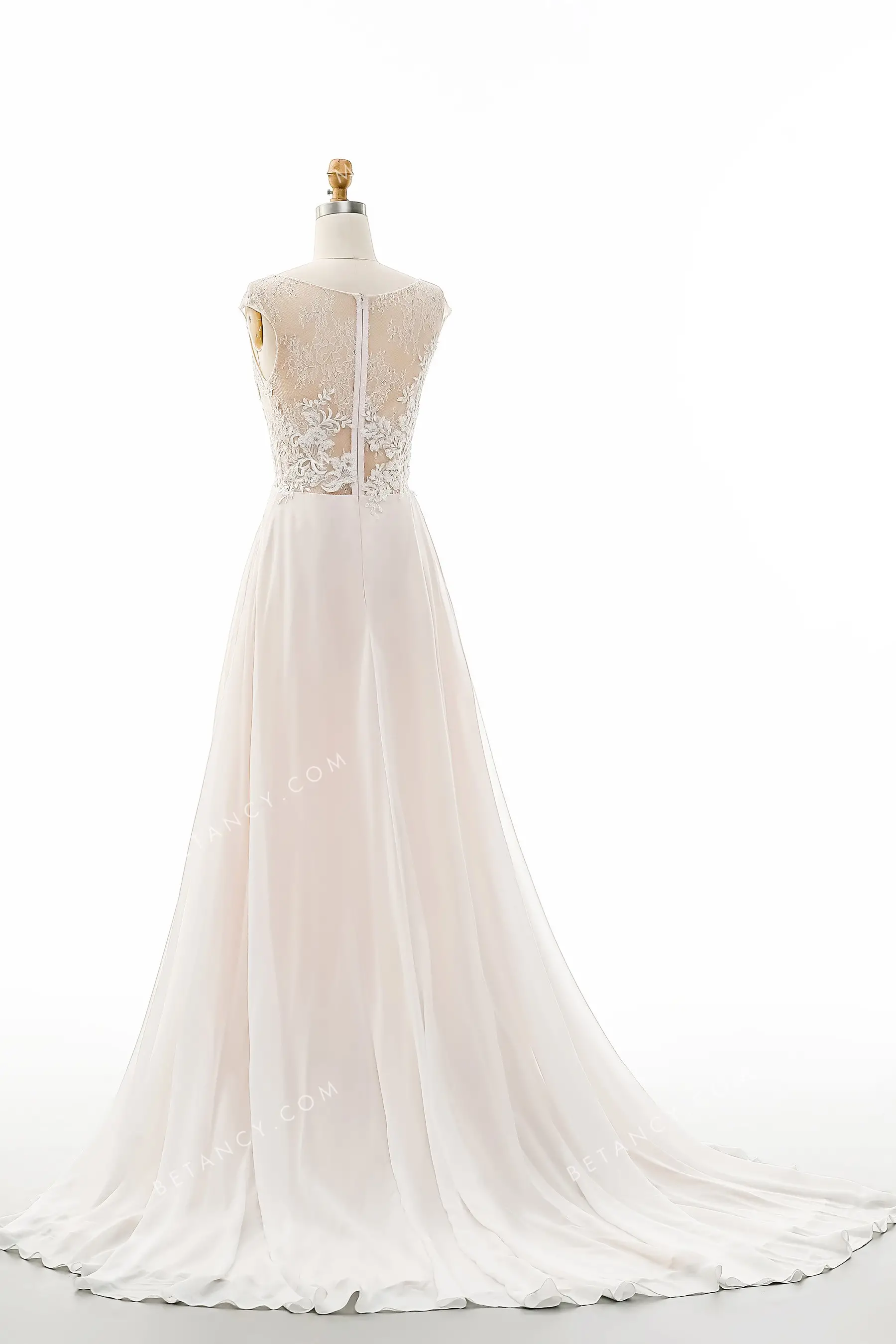 Beaded Illusion Nude Lace and Chiffon Wedding Dress - BETANCY