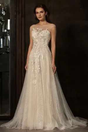 Illusion cap sleeve sequinned lace tulle wedding gown