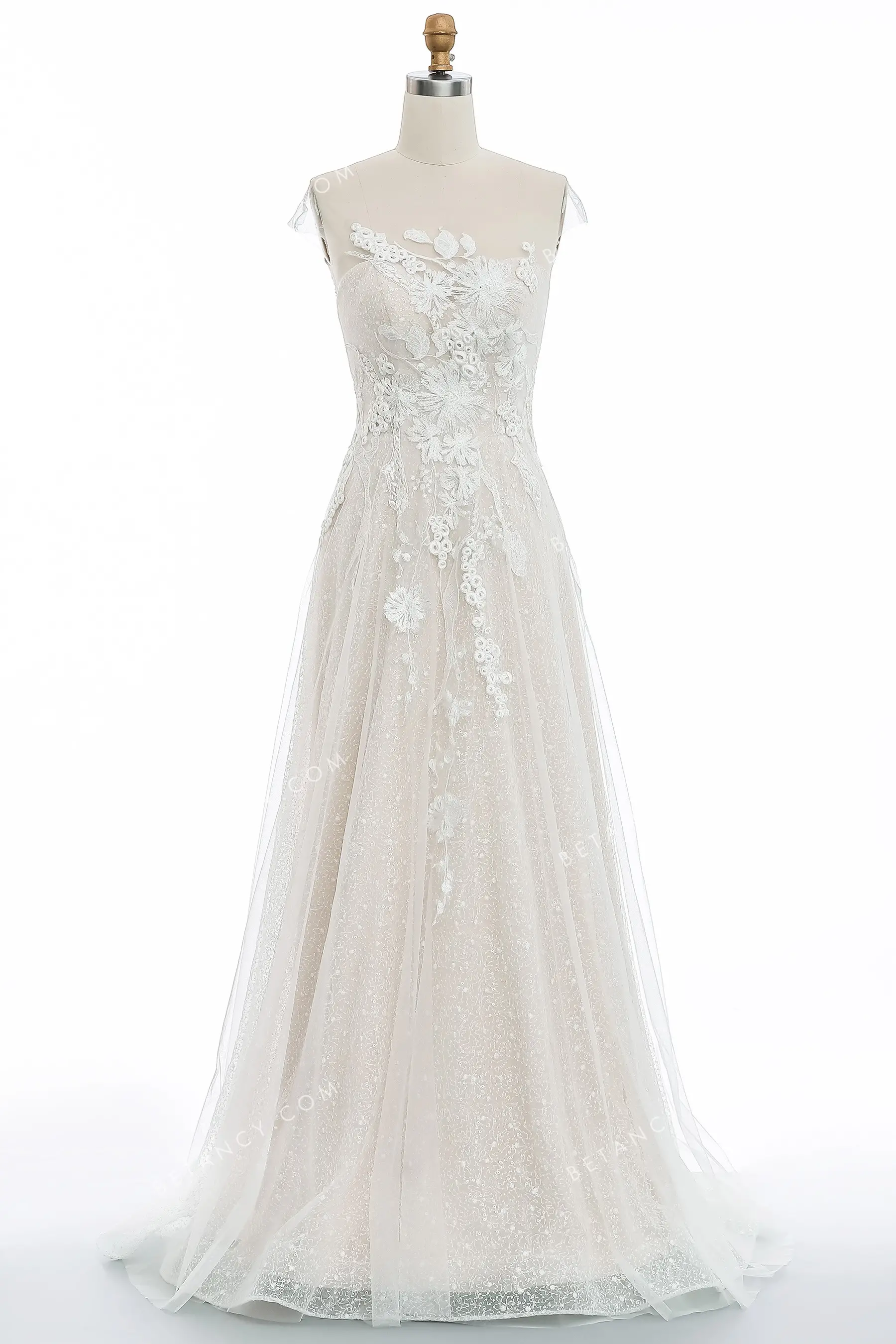 Illusion Cap Sleeve Sequinned Lace & Tulle Wedding Gown - BETANCY