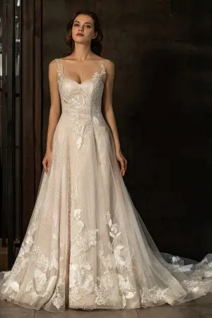 romantic sequin lace pink nude wholesale wedding dress