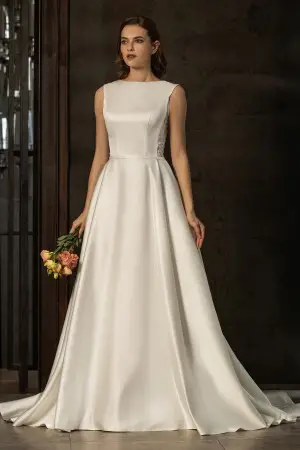 classic ivory satin bateau neck wedding dress