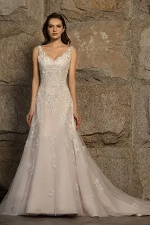 romantic pink nude fit and flare v neck bridal gown