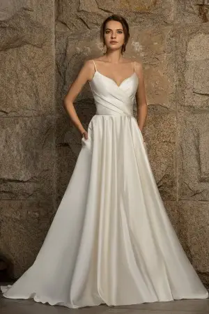 Simple yet chic luster satin bridal gown with pockets