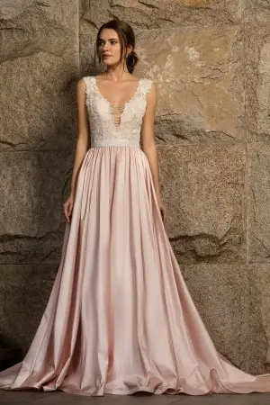 nude pink taffeta with sequinned lace wedding dress