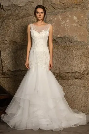 beaded lace appliqued tiered tulle fishtail bridal gown