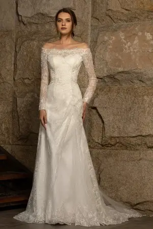 shimmering sequinned lace long sleeve bridal gown