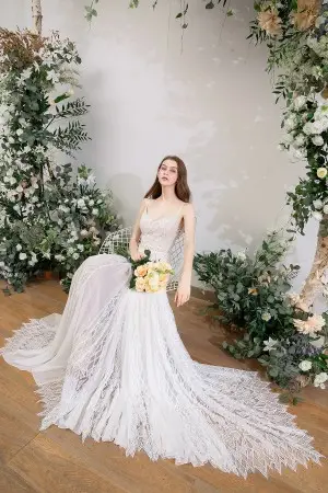 geometry lace bohemian beige A line wedding dress
