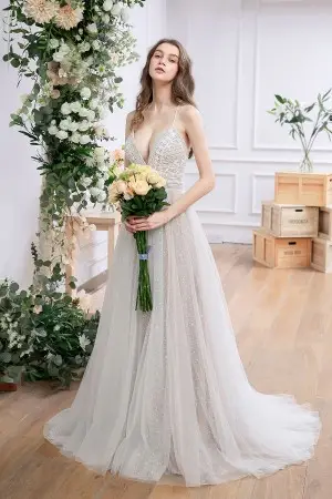 oyster lace and star like tulle sexy Boho wedding dress