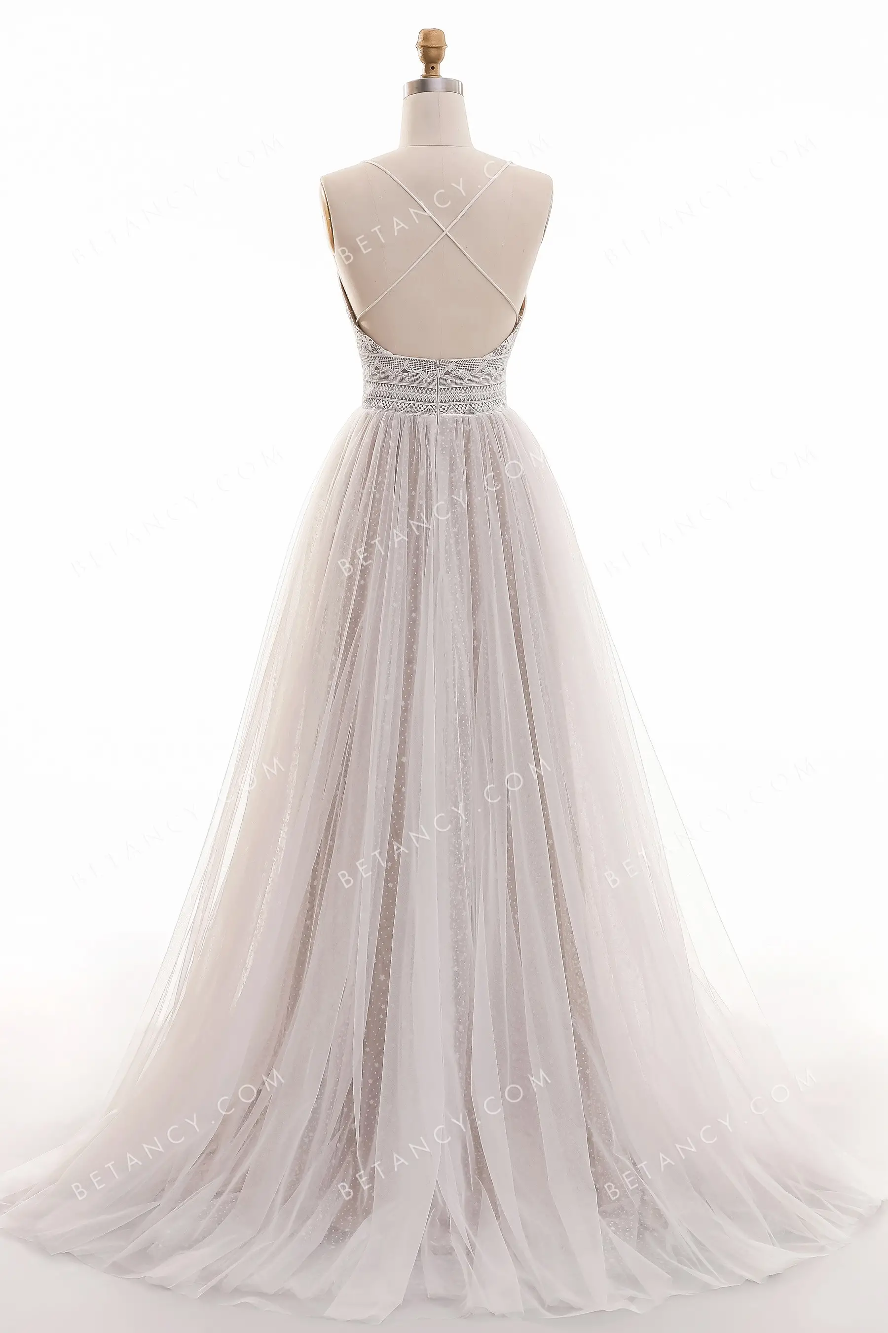Oyster Lace and Starlike Tulle Sexy Boho Wedding Dress BETANCY