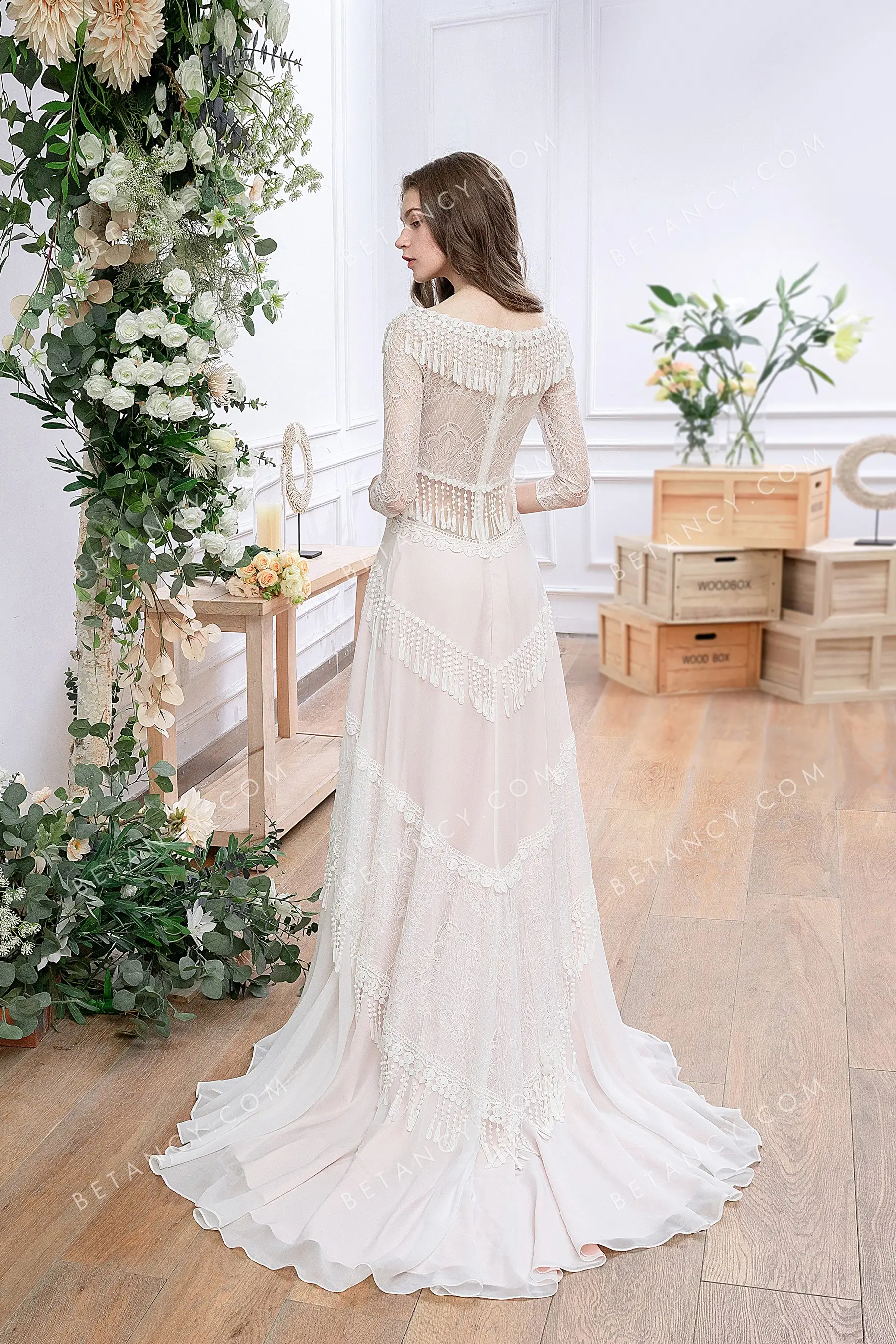 Tassels Lace Boat Neck Pearl Pink Chiffon Bridal Dress BETANCY