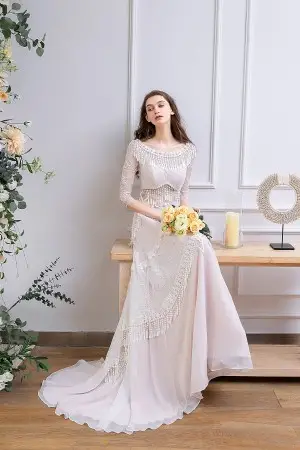 tassels lace boat neck pearl pink chiffon bridal dress