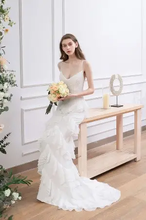tiered ruffled chiffon romantic designer bridal gown