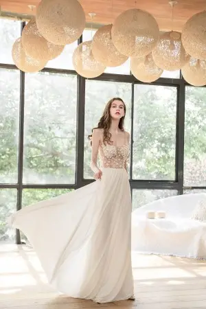illusion beaded and 3d flowers beach bridal dress