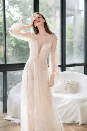 beaded plunging neck bishop sleeve beach bridal dress