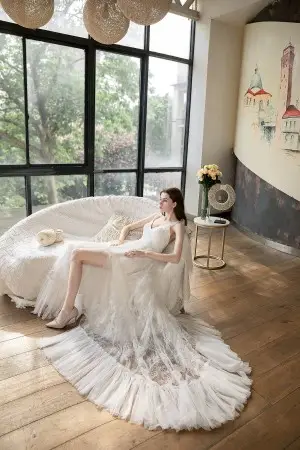 sexy V neck thigh high slit lace and tulle bridal dress