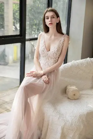 dusty rose transparent bridal dress