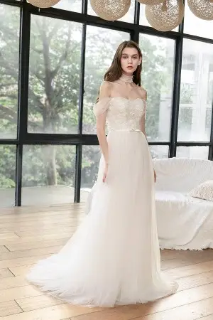stunning off the shoulder lace and tulle bridal gown
