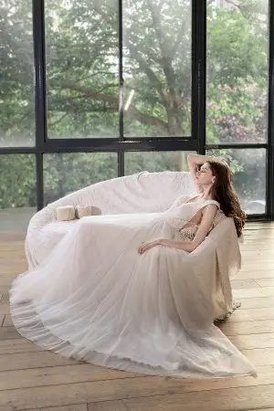 deep V neck V back lace and tulle A line wedding dress