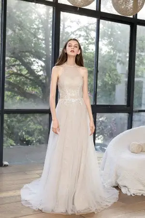 beige nude lace and tulle halter dream wedding dress