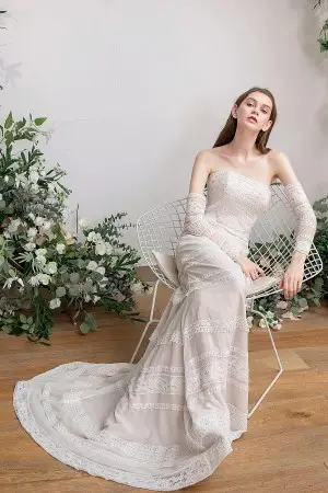 beige nude lace sheath long bohemian wedding dress